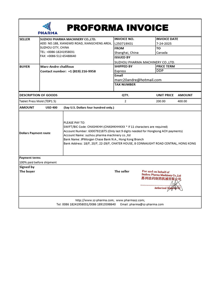 Proforma Invoice for Tablet Press Mold | PDF