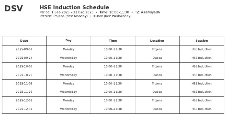 HSE Induction Schedule 2025 | PDF