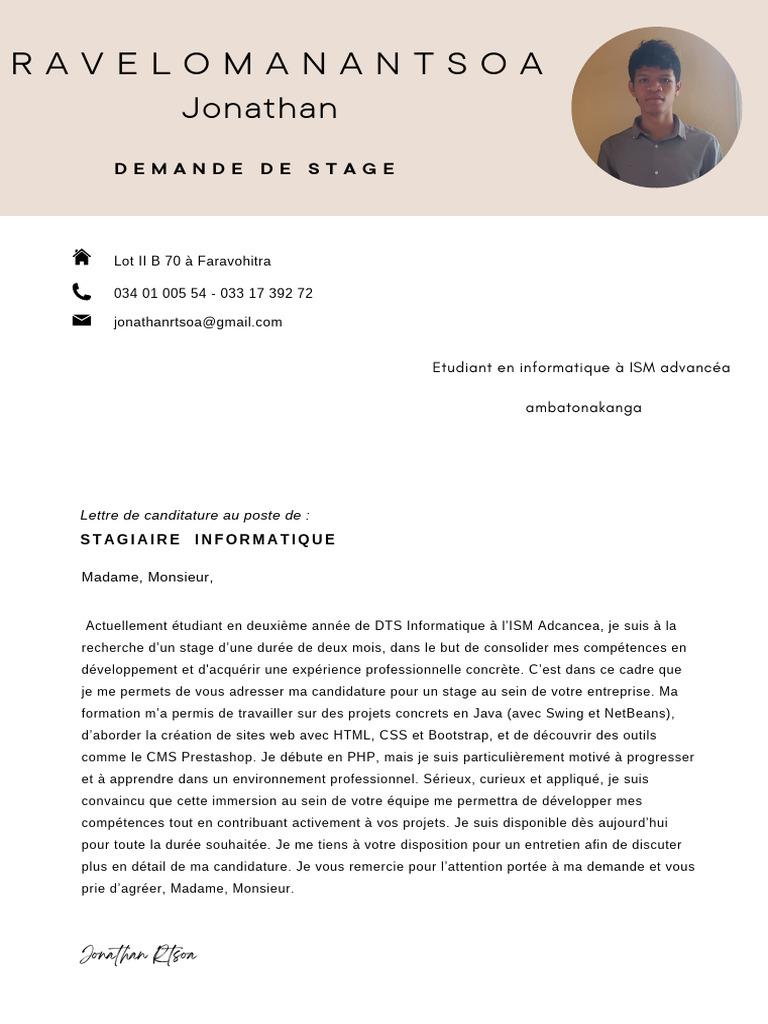 Candidature Stage Informatique Jonathan Rtsoa | PDF