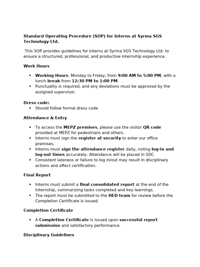 Standard Operating Procedure (SOP) for Interns at Syrma SGS | PDF
