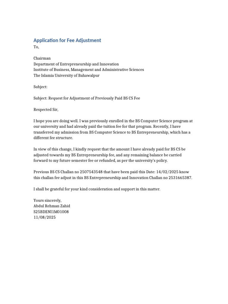 Fee Adjustment Request for Program Transfer | PDF