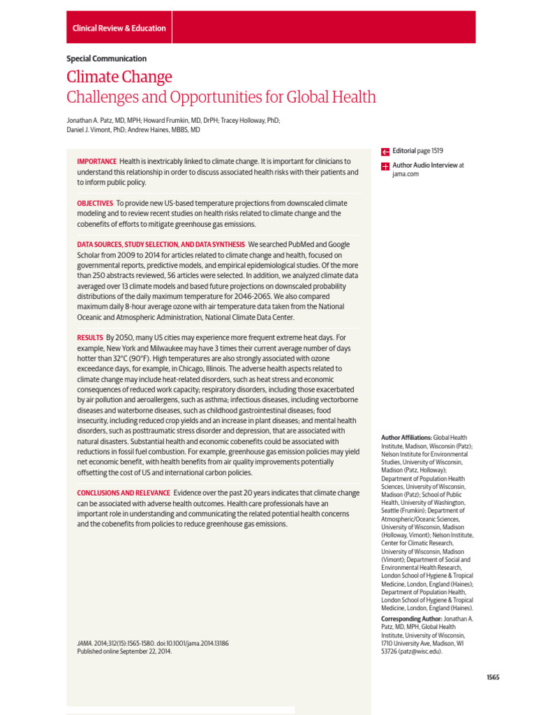 Climate Change Challenges and Oppertunities For Global Health | PDF ...