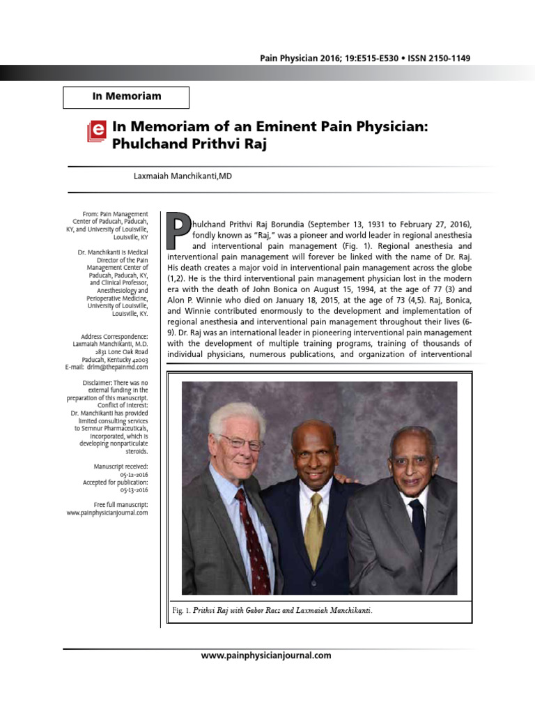 In Memoriam: Dr. Prithvi Raj | PDF | Intravenous Therapy | Anesthesia