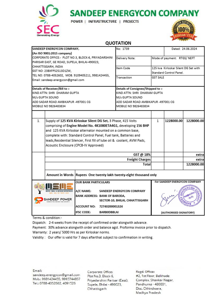 125 KVA Kirloskar DG Set Delivery Note | PDF