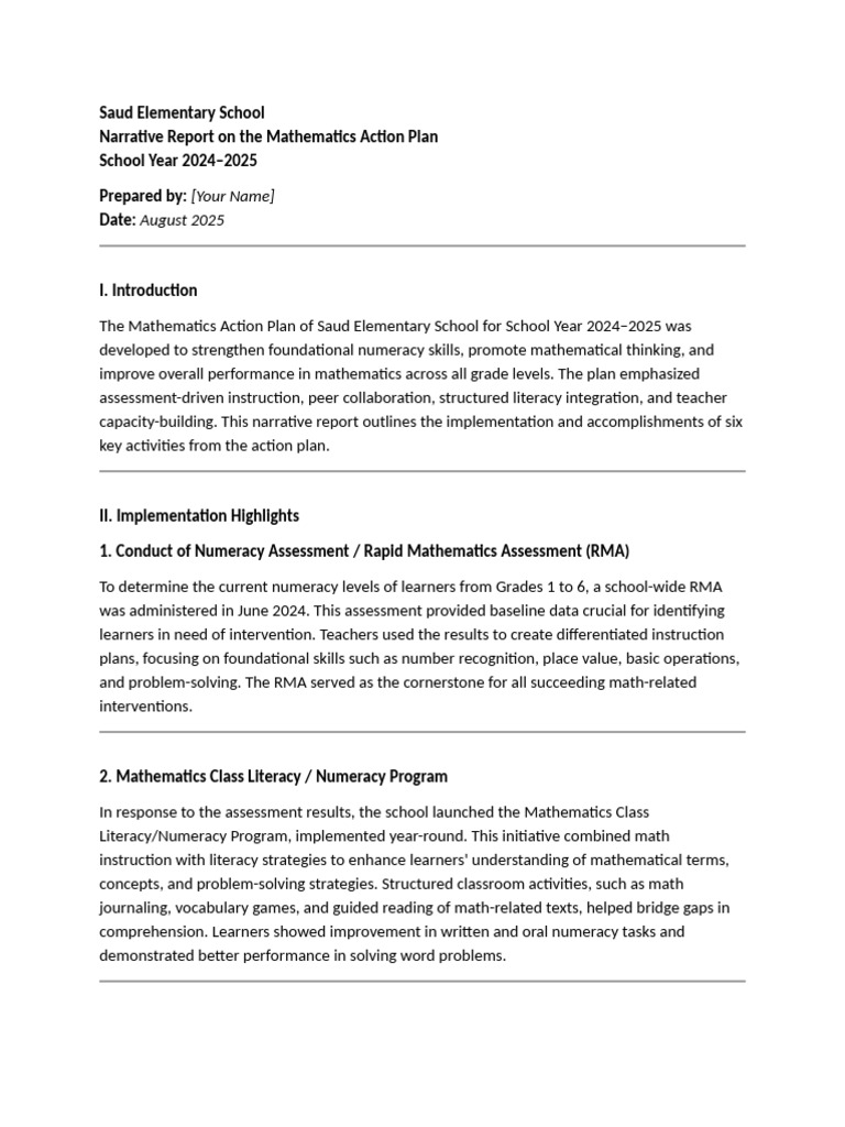 Math Accomplishment Report 2024-2025 | PDF | Literacy | Mathematics