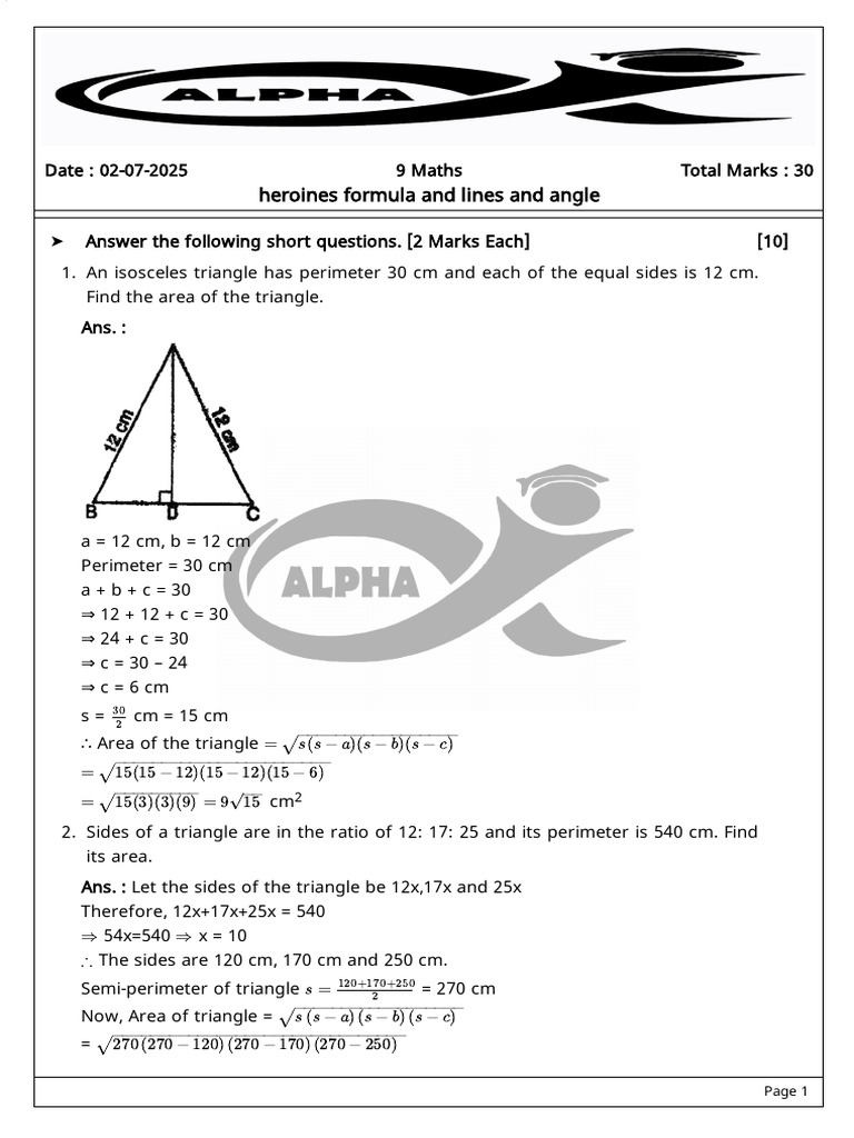 Area of Isosceles Triangle Calculation | PDF | Area | Angle