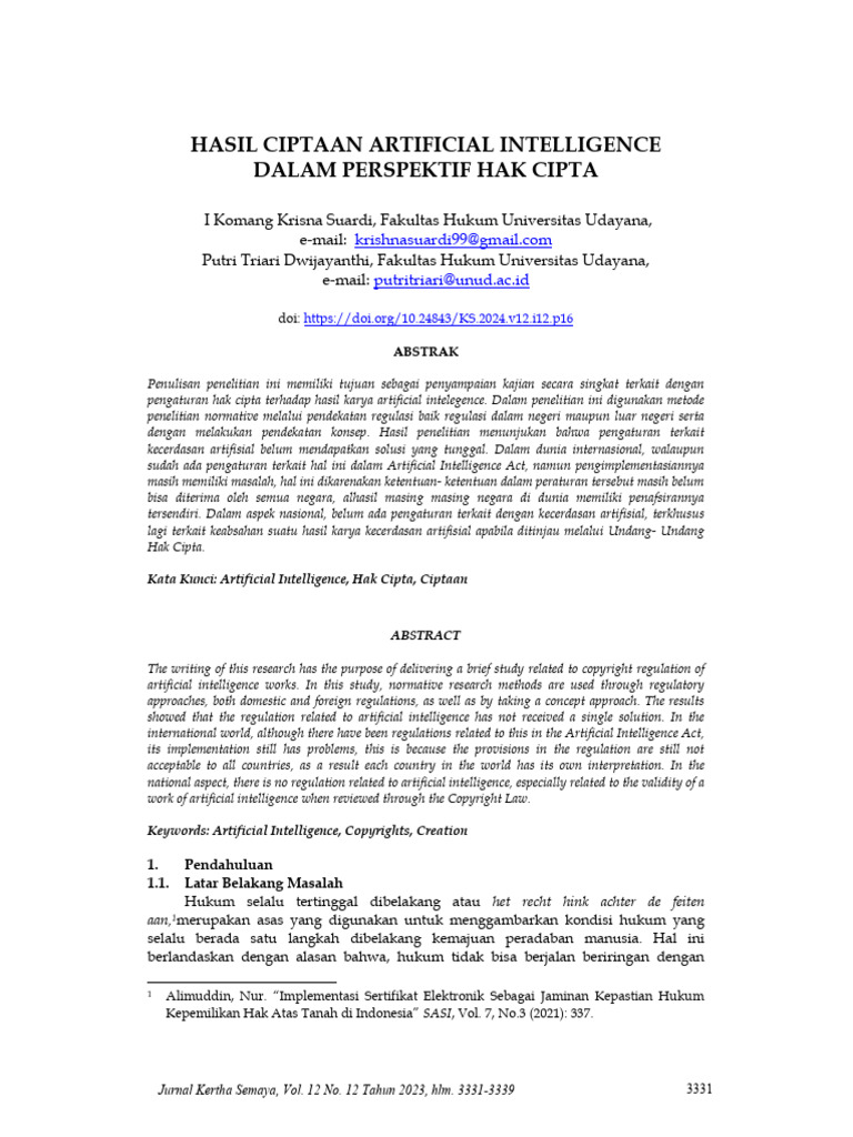 Hak Cipta Karya Kecerdasan Buatan | PDF