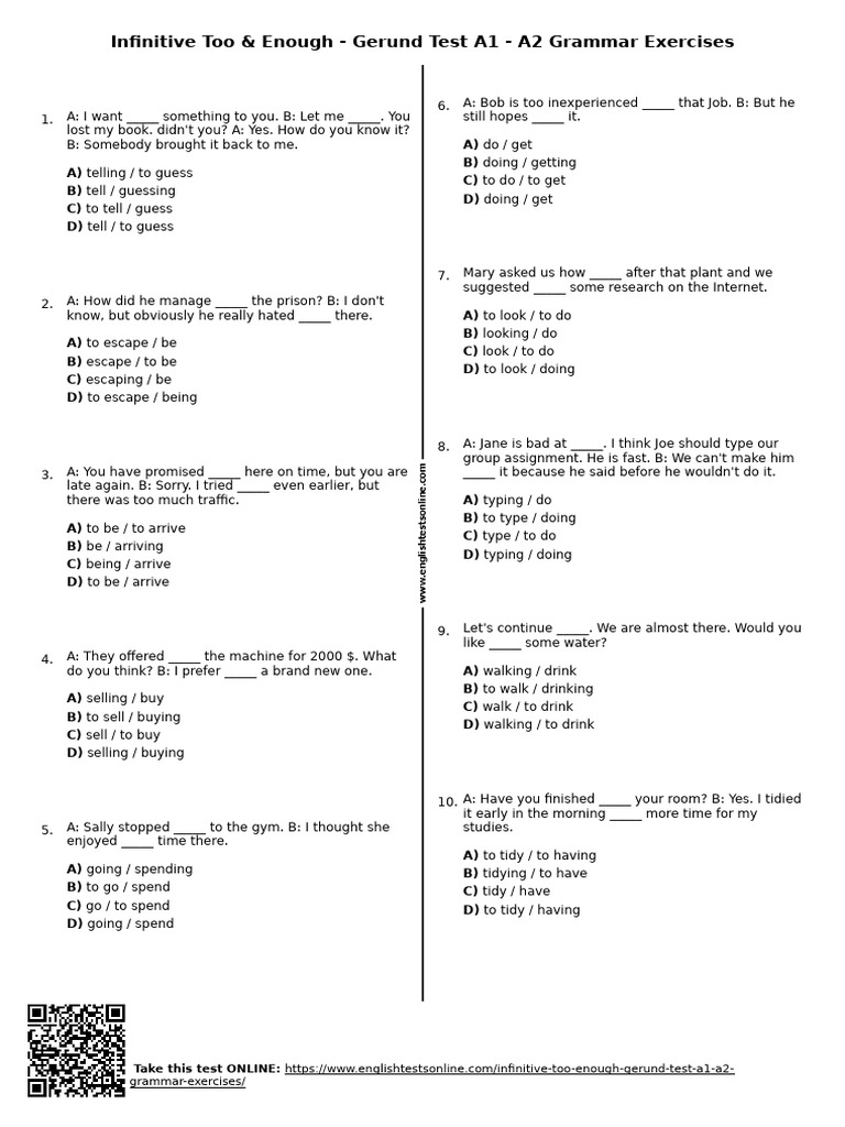 462 Infinitive Too Enough Gerund Test A1 A2 Grammar Exercises | PDF