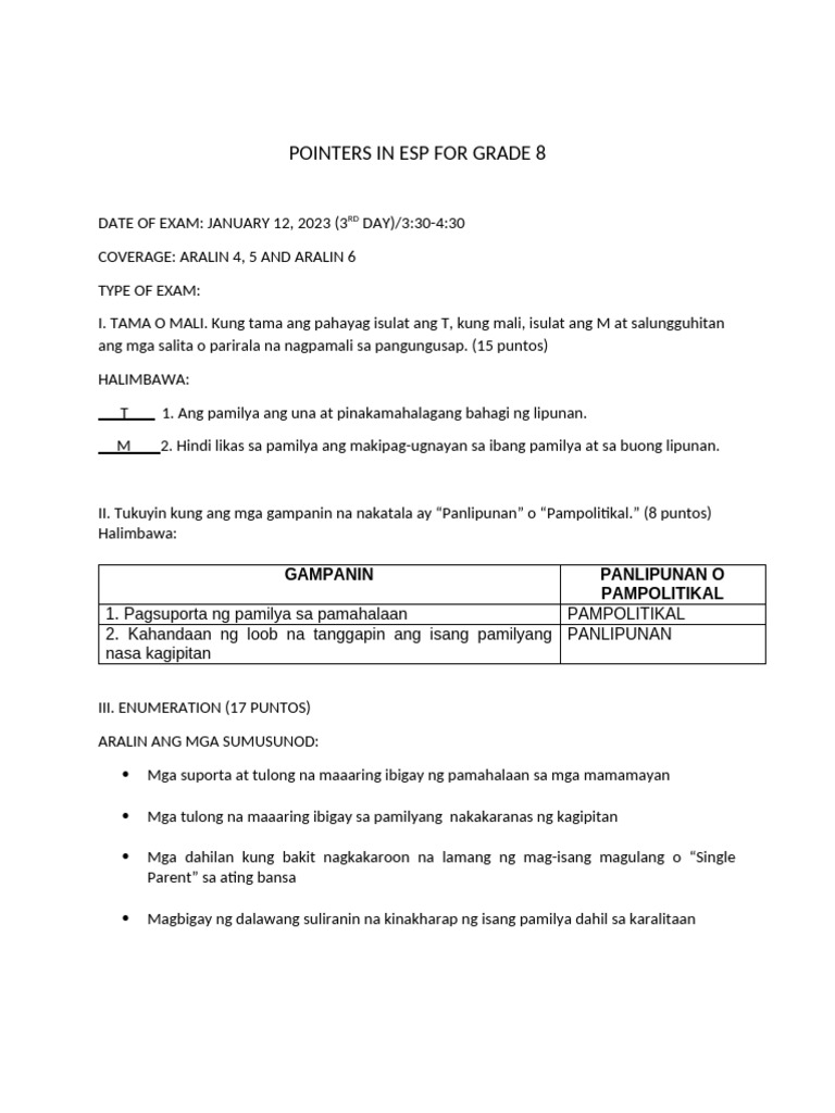 Pointers in Esp For Grade 8 | PDF
