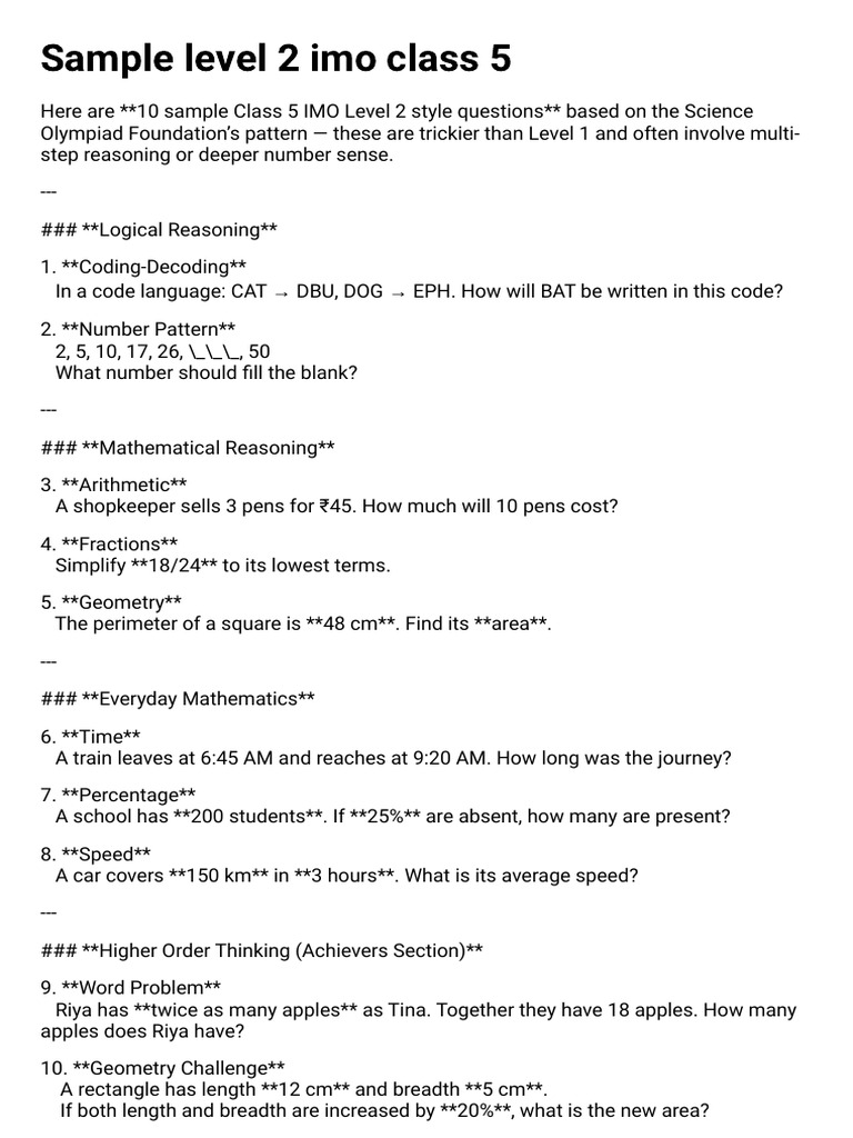 Class 5 IMO Level 2 Sample Questions | PDF