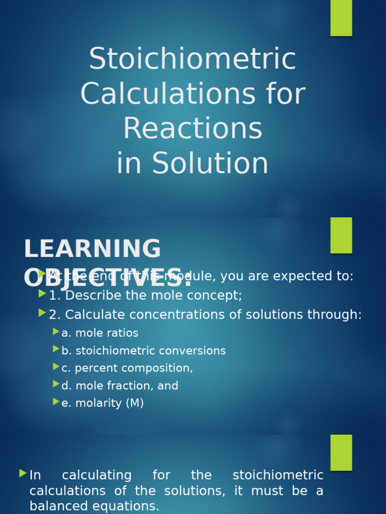 Stoichiometric Calculations in Solutions | PDF