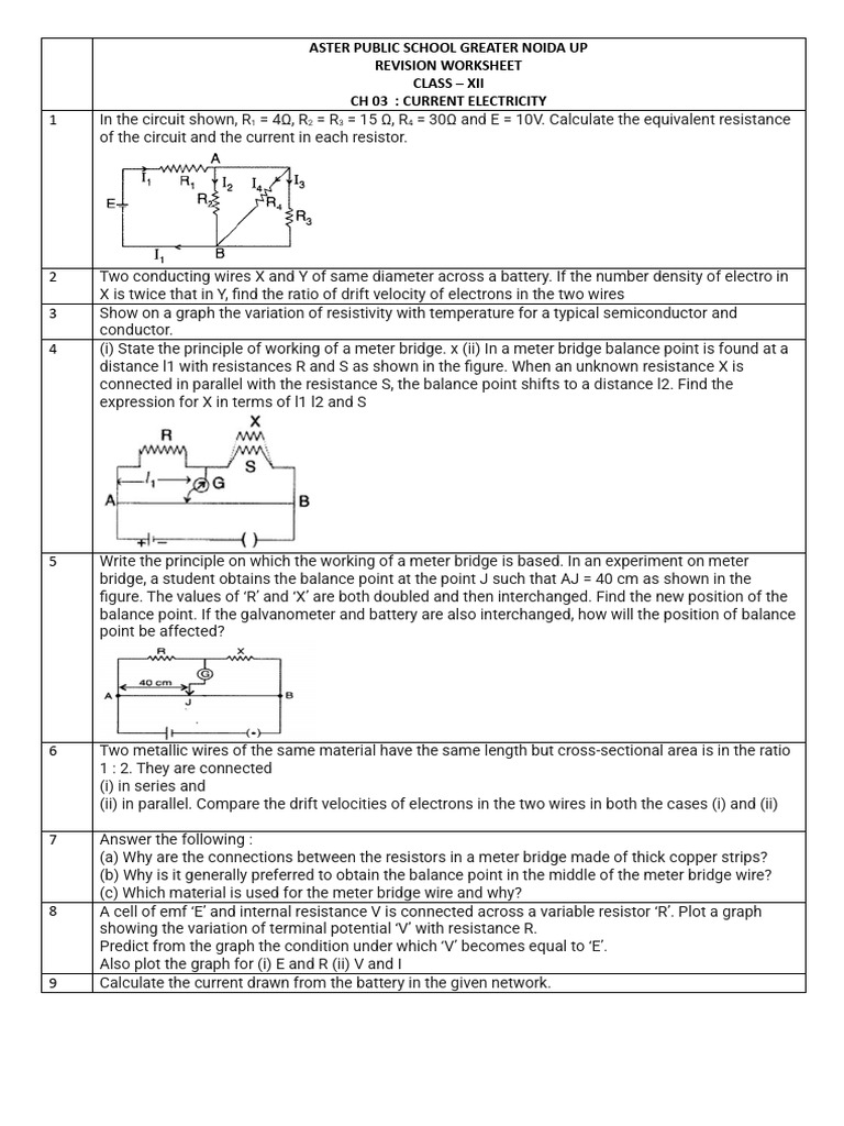 Current Electricity Worksheet for Class XII | PDF | Electric Current ...