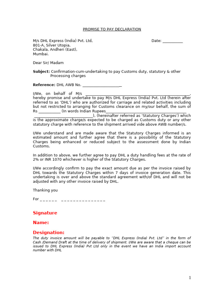 DHL Customs Duty Payment Undertaking | PDF