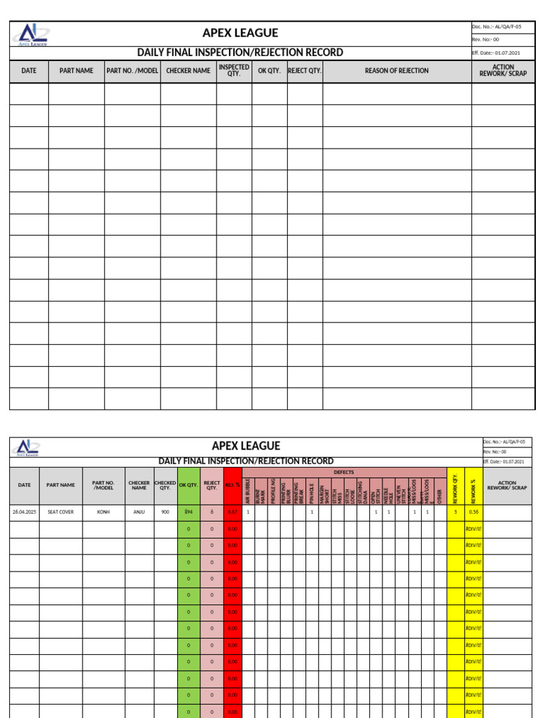 QA-05 Daily Final Inspection & Rejection Record | PDF