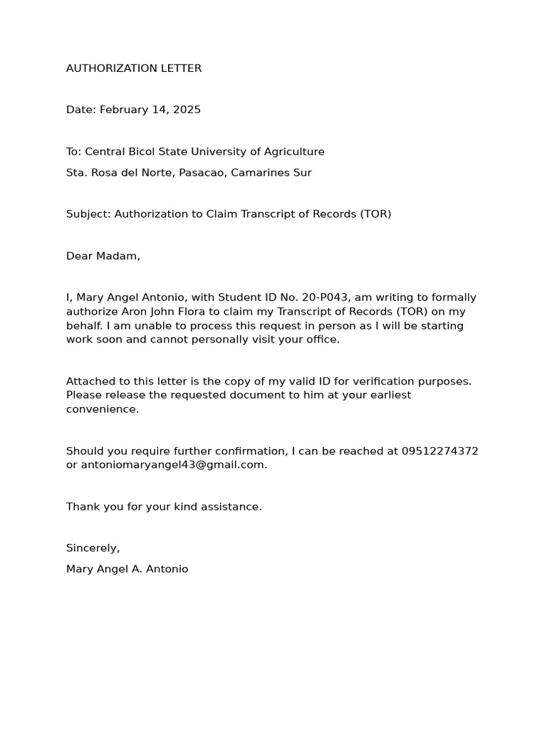 Authorization to Claim TOR | PDF