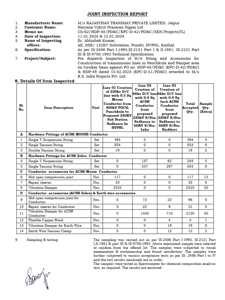 Pre-Dispatch Inspection Report for HVPNL | PDF | Calibration | Tension ...
