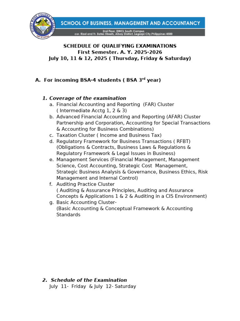 BSA Qualifying Exam Schedule 2025-2026 | PDF