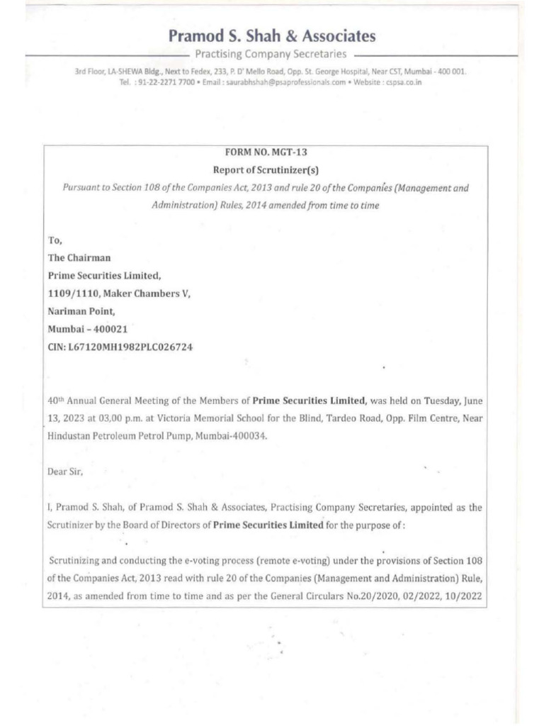 Prime Securities AGM Voting Results | PDF | Companies | Corporations