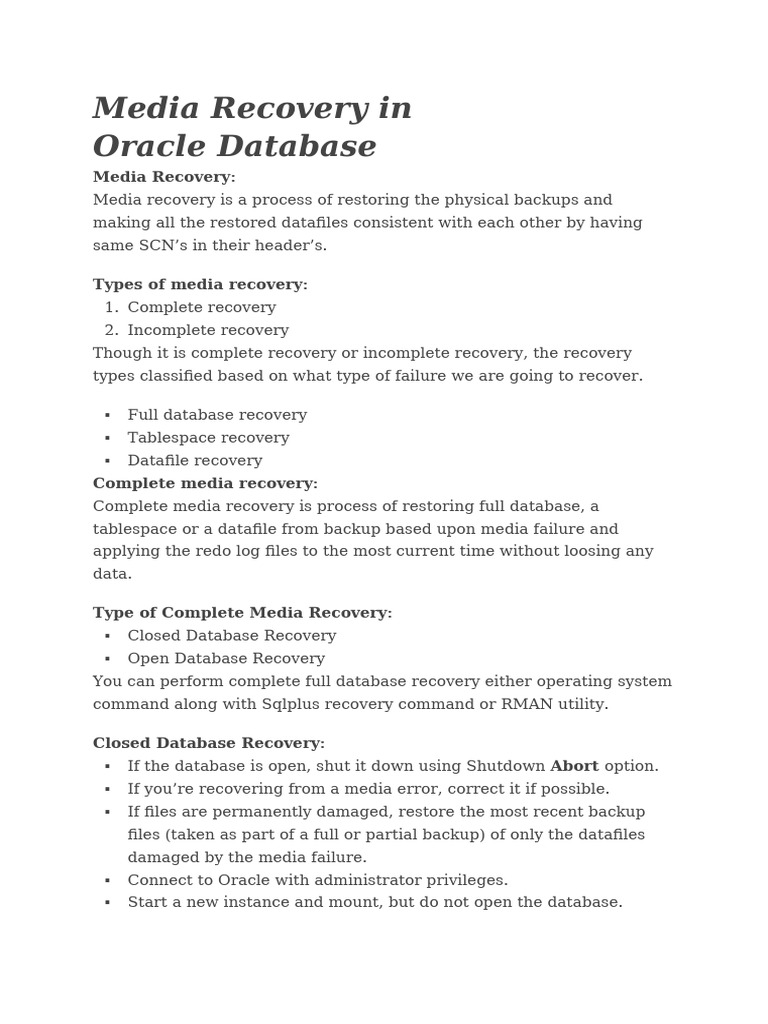 Oracle Database Media Recovery Guide | PDF | Backup | Databases
