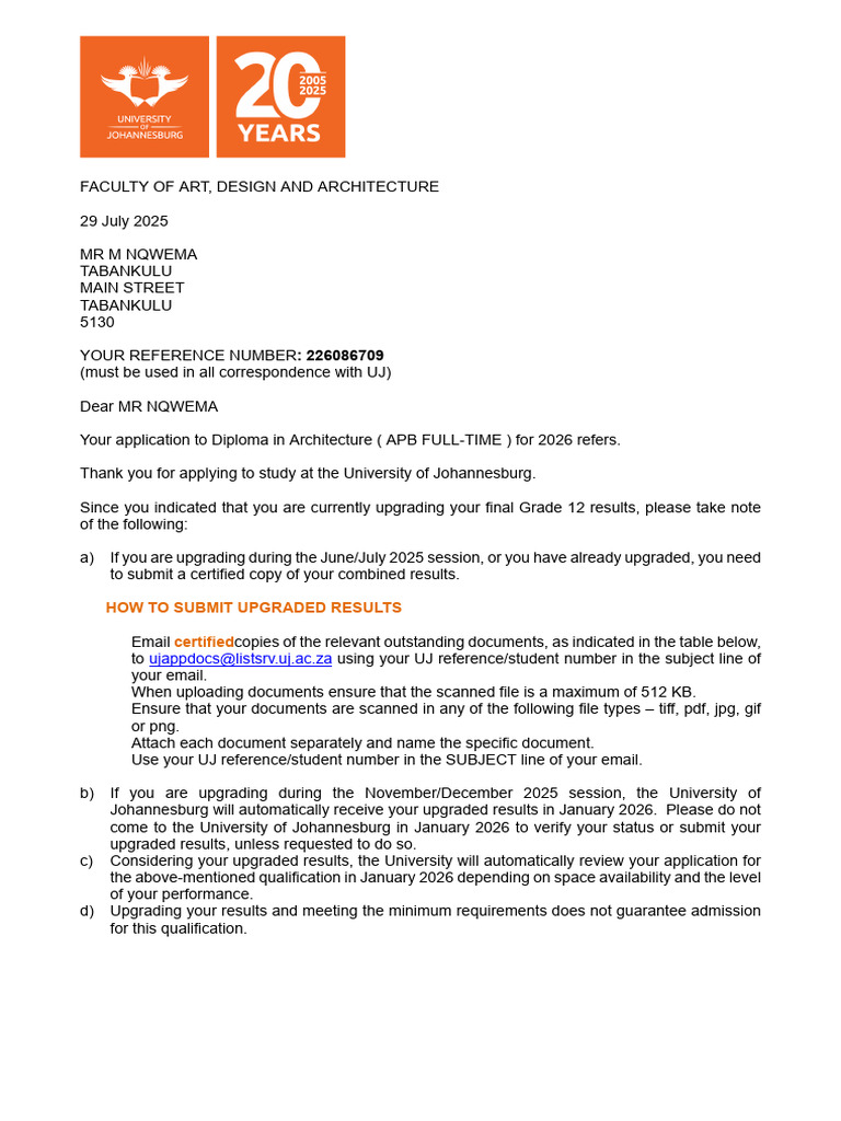 UJ Diploma in Architecture Application Info | PDF