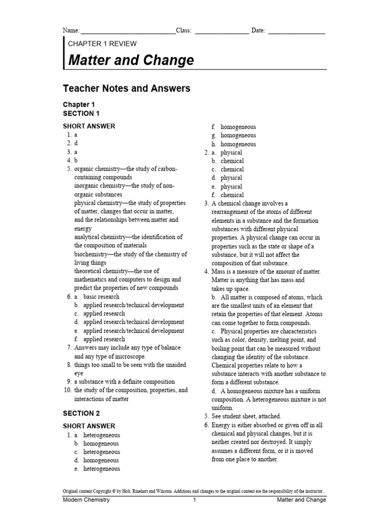 Chapter 1 Review: Matter and Change | PDF | Chemistry | Chemical Substances