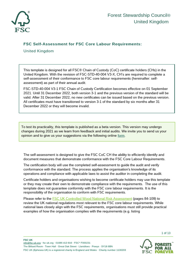 FSC Core Labour Requirements Self-Assessment | PDF | Forest Stewardship ...