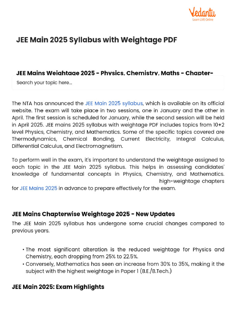 JEE Main 2025 Syllabus With Weightage PDF | PDF