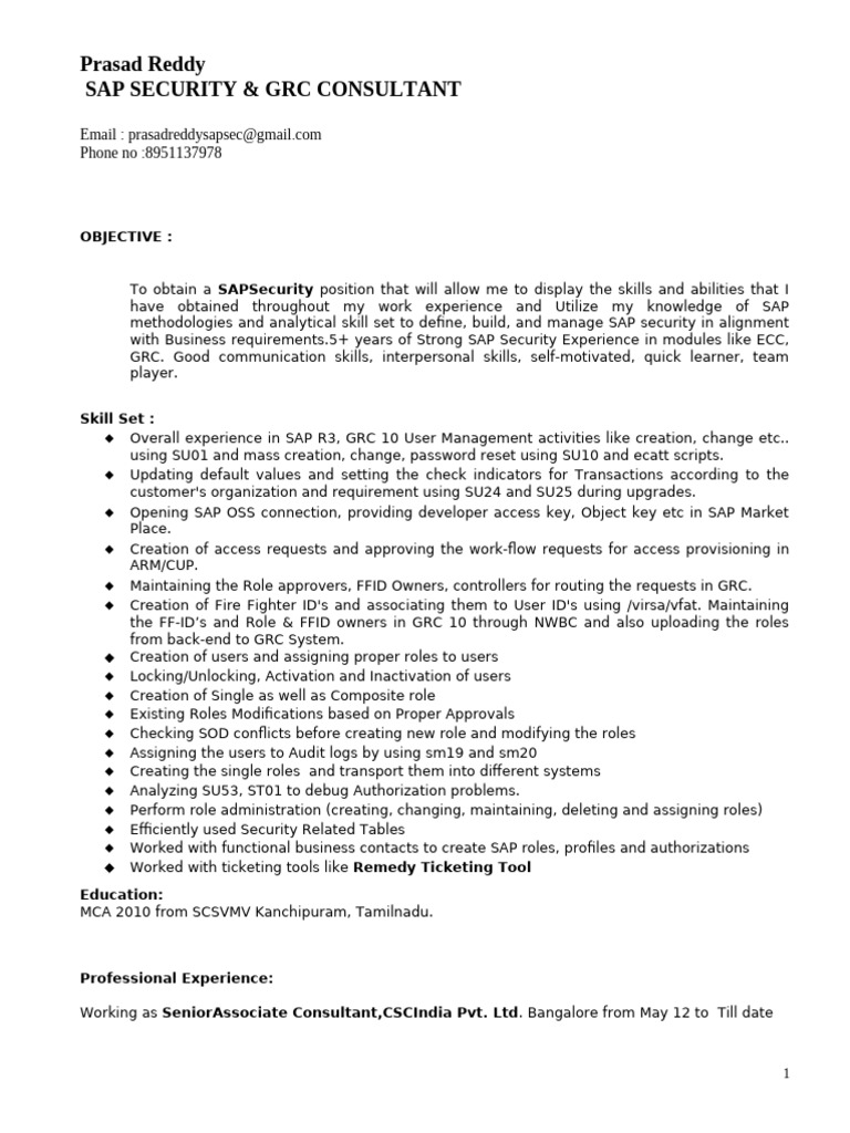 SAP Security & GRC Consultant Resume | PDF | Computing | Information ...