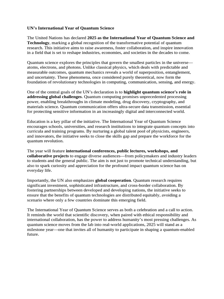 UN Declares 2025 Quantum Science Year | PDF | Quantum Mechanics | Science