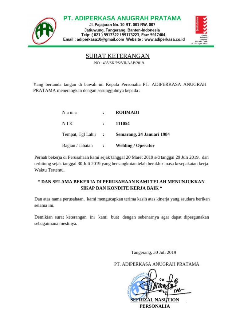 Surat Keterangan Kerja PT. AAP | PDF