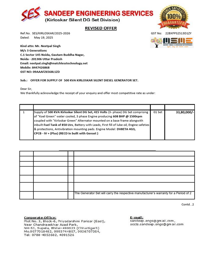 Quotation for 500 KVA Diesel Generator | PDF | Common Law | Business Law