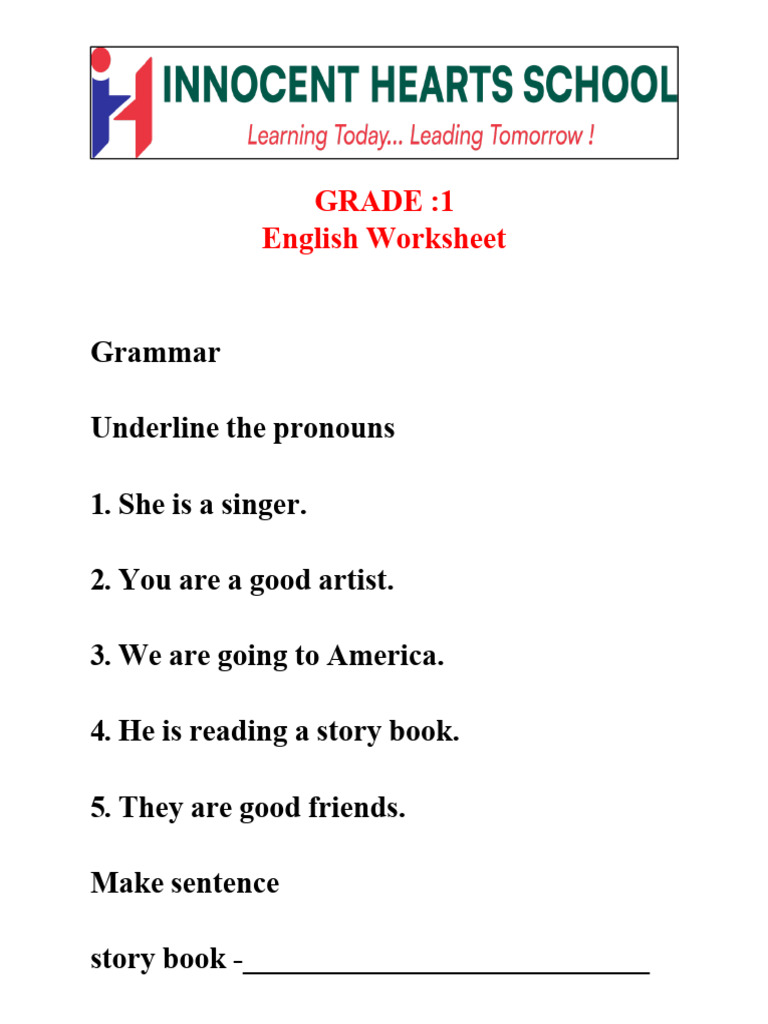 Pronouns Worksheet for Grade 1 | PDF