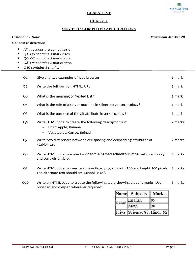 Class X Computer Applications Test | PDF