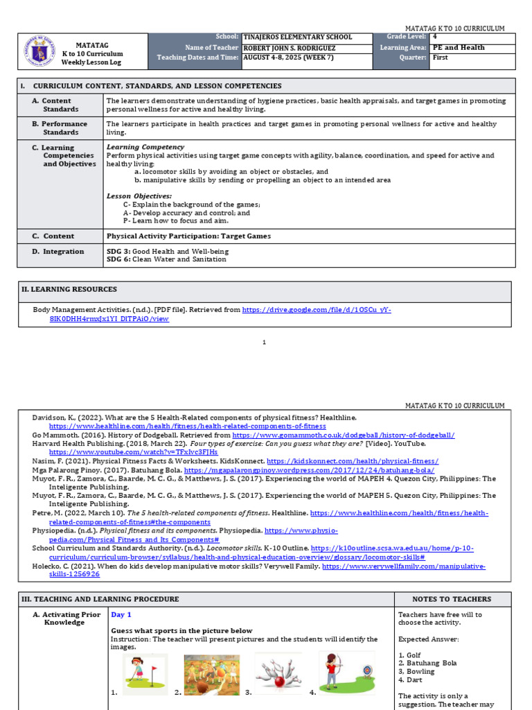 K-10 PE & Health Weekly Lesson Plan | PDF | Physical Fitness