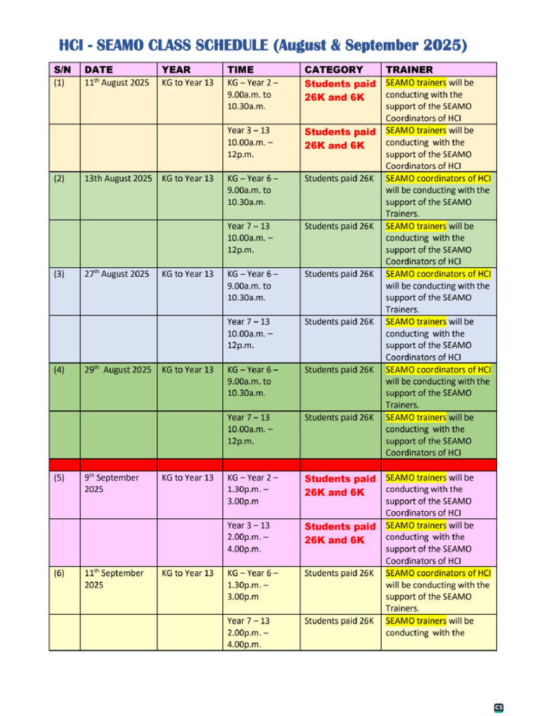 SEAMO Class Schedule-1 | PDF