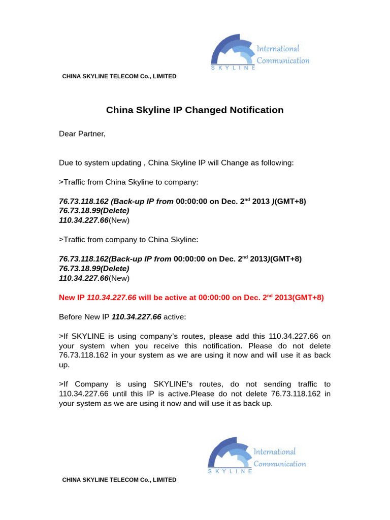China Skyline IP Change Notification | PDF