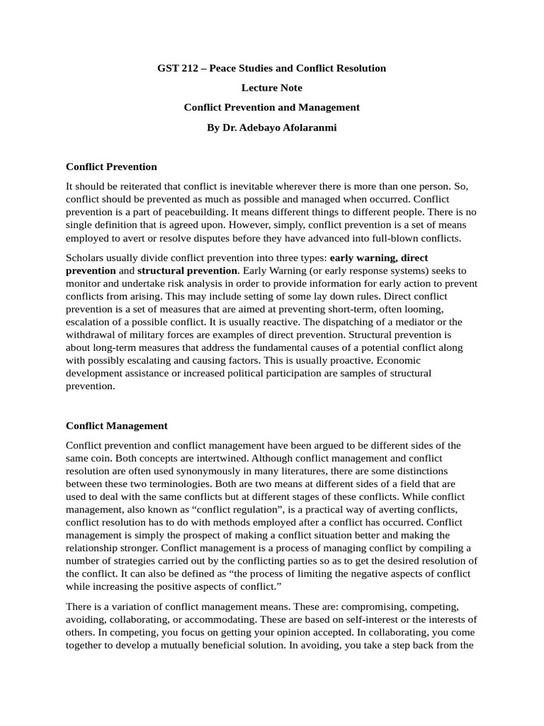 Peace and Conflict Resolution Overview | PDF | Conflict Resolution ...