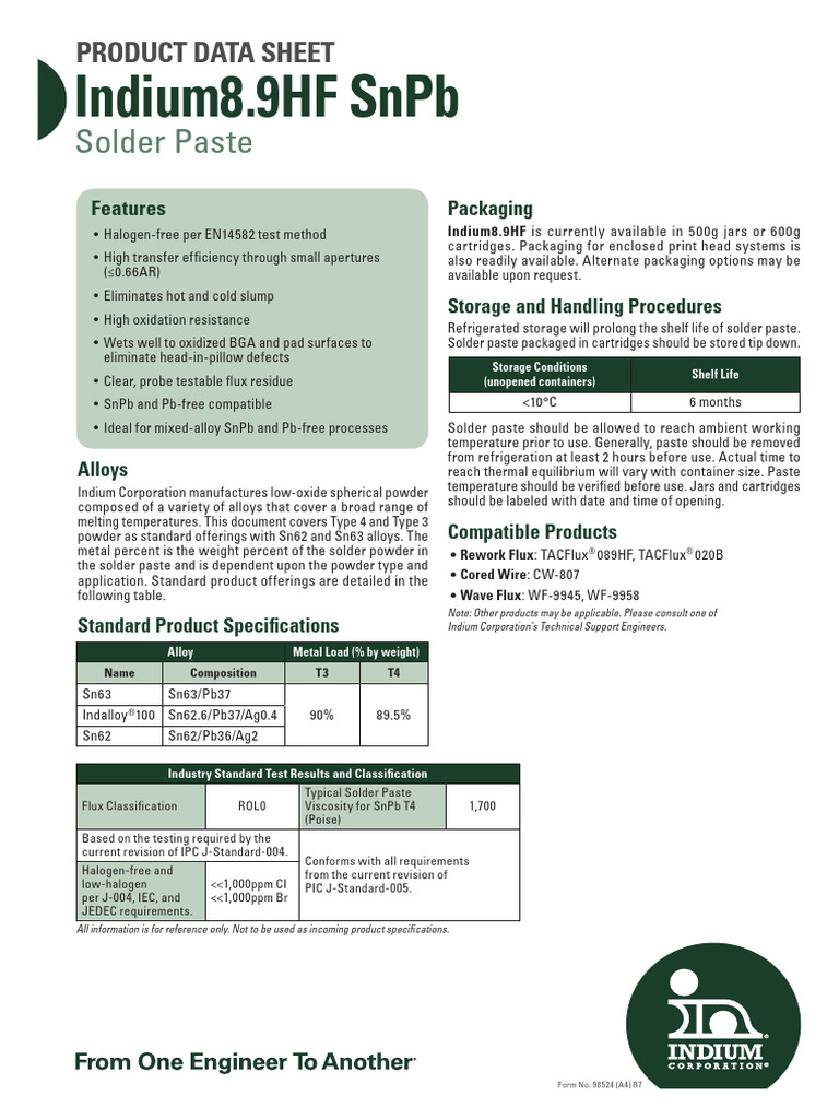 Indium8.9HF Solder Paste Datasheet | PDF | Solder | Industrial Processes