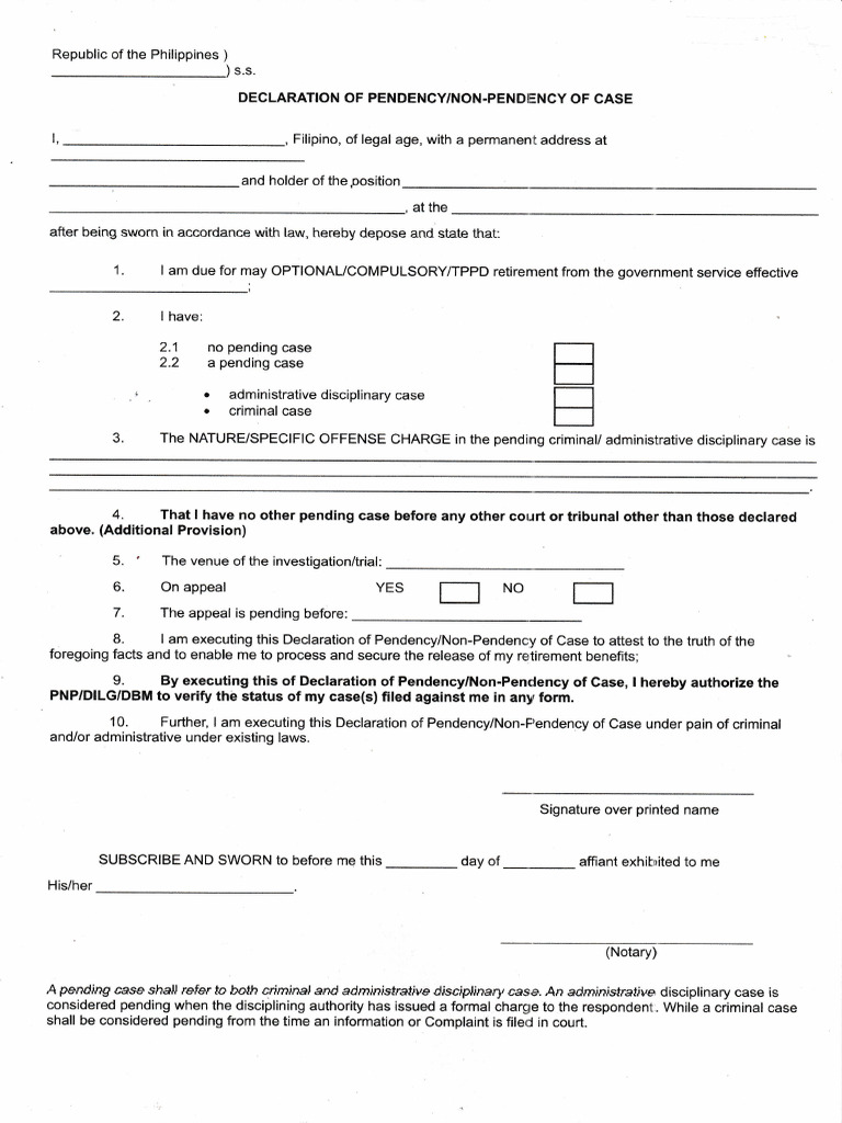 Declaration of Pendency/Non-Pendency Form | PDF