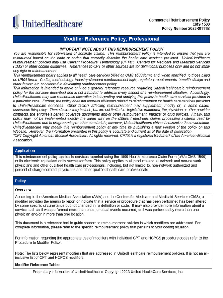 2023 Modifier Reference Policy Overview | PDF | Surgery | Health Care