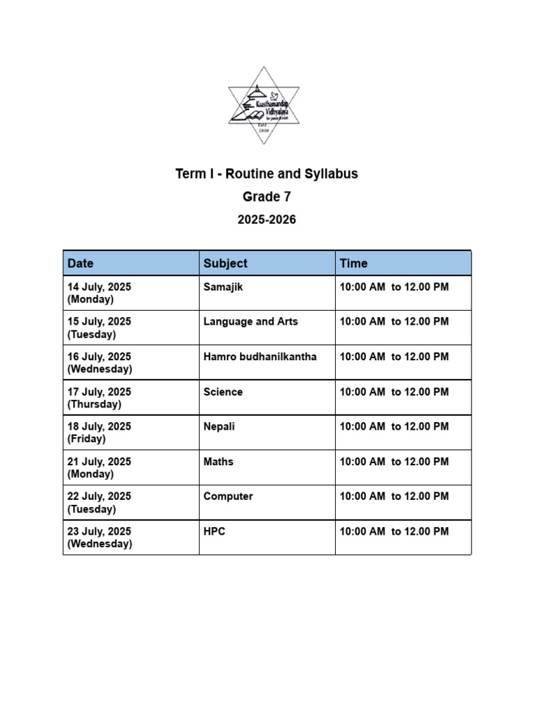 Class 7 Routine and Syllabus 2025 | PDF | Algebra | Integer