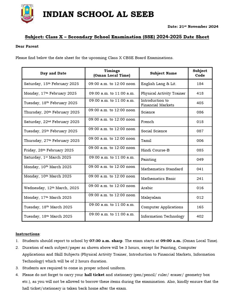 Class x Board Exam Schedule 2024-25 | PDF