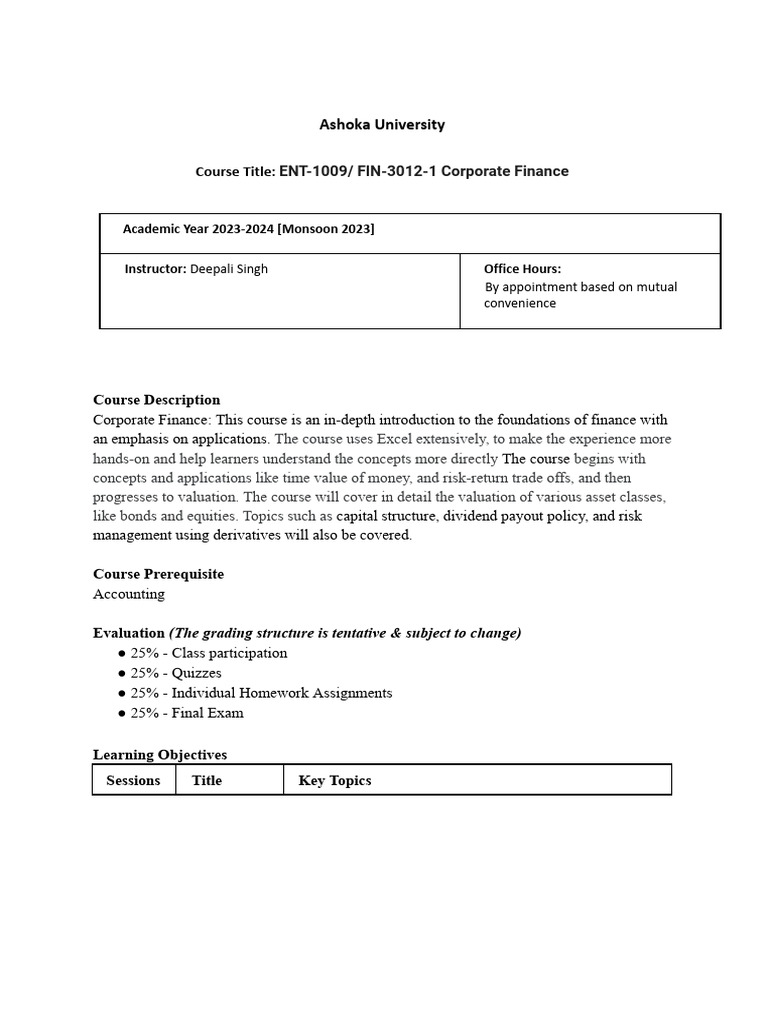 Corporate Finance Course Overview 2023 | PDF | Valuation (Finance ...