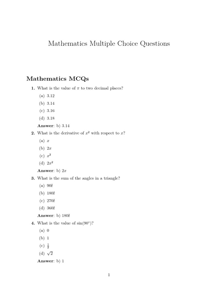 Mathematics Multiple Choice Questions | PDF
