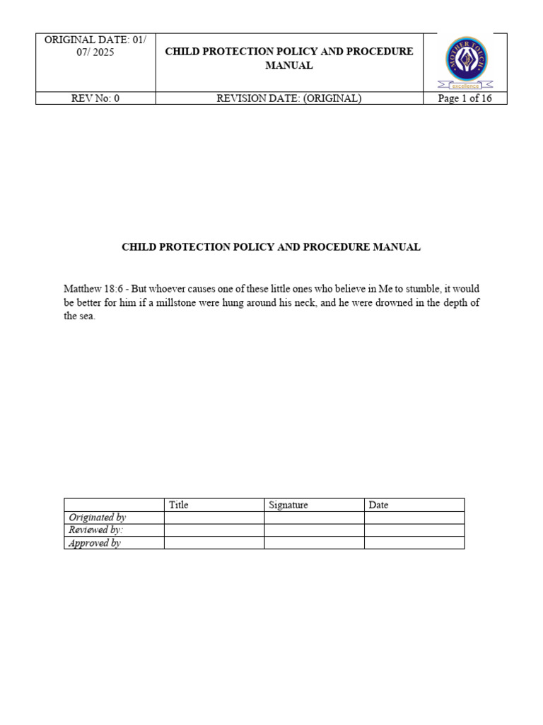 Child Protection Policy Manual | PDF | Child Protection | Psychological ...