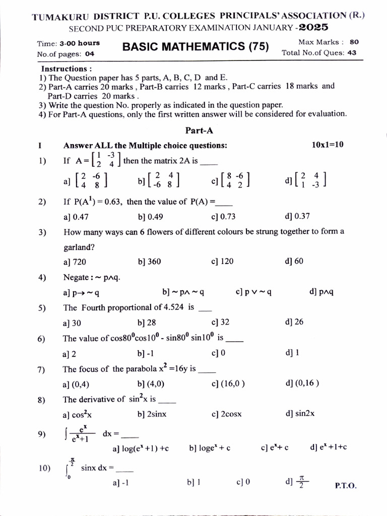 Tumakuru PUC Exam Prep January 2025 | PDF | Mathematics