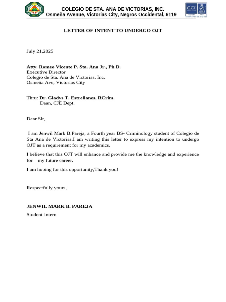 OJT Intent Letter for Criminology Students | PDF