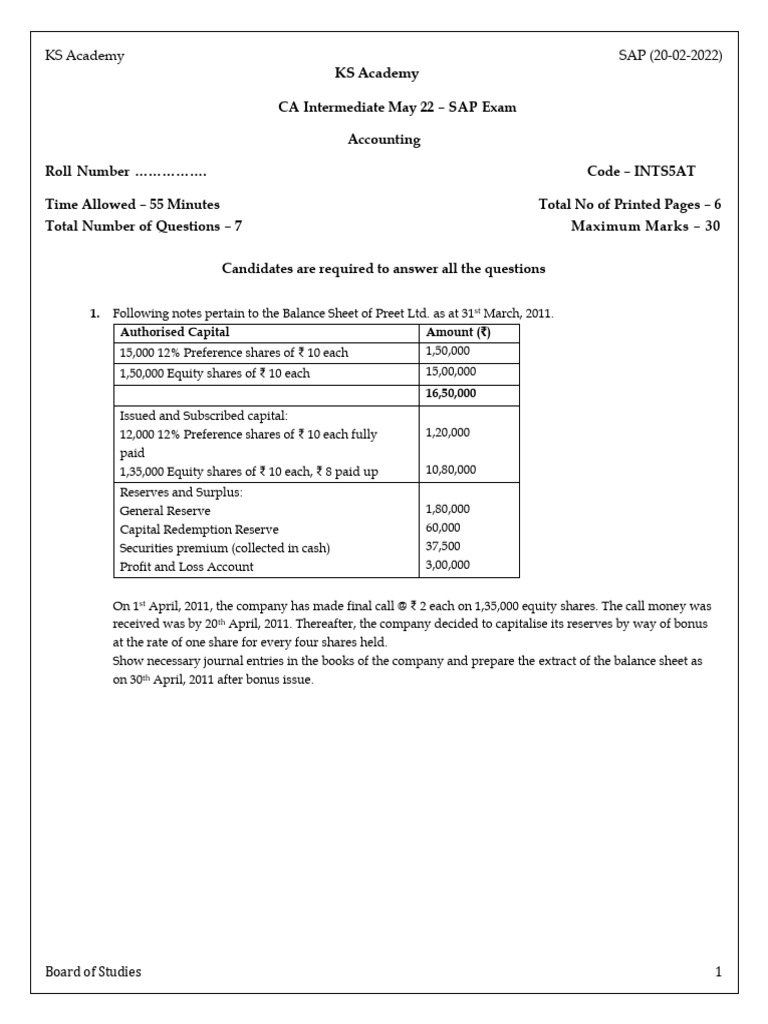 KSA - SAP 5 Acc Answer Key - 19 Feb 2022 | PDF | Fair Value | Book Value