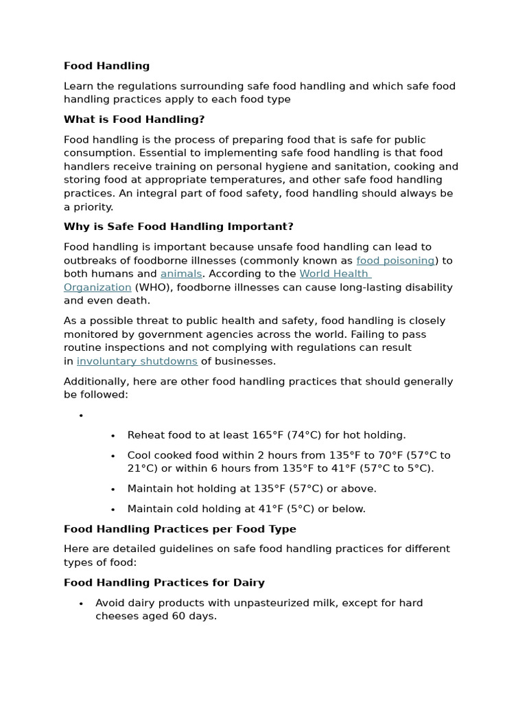 Essential Safe Food Handling Practices | PDF | Food Safety | Foodborne ...