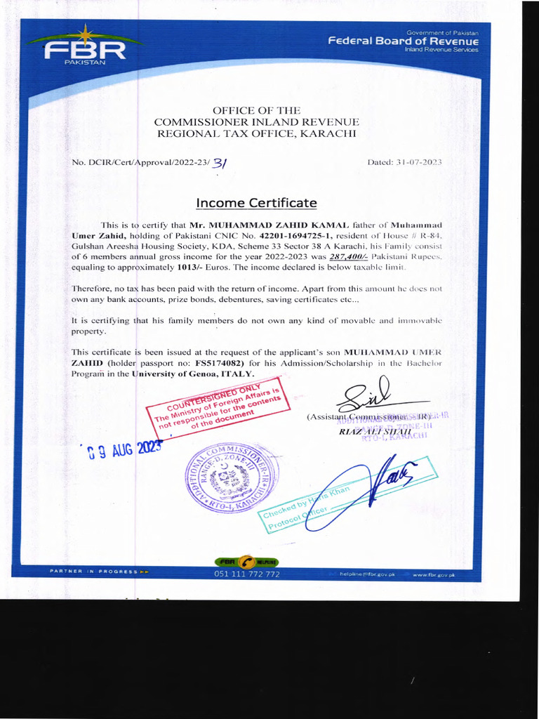 FBR Income Certificate for Scholarship | PDF